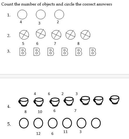 Count the number of objects and circle the correct answers